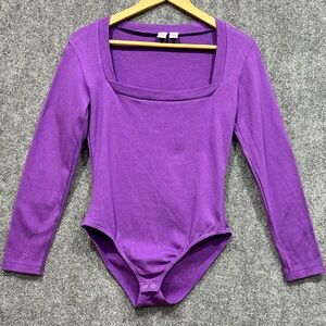 Vintage ONE STEP UP 80s cotton bodysuit MEDIUM purple long sleeve snap closure